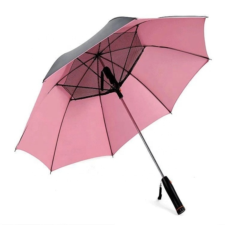 High Quality Popular Sale Pink Outdoor Sunshade Cool Air Straight Umbrella with Electric Fan, Outdoor Umbrella with USB Recharge