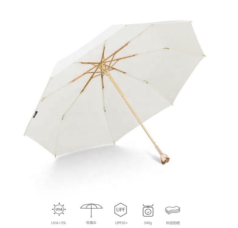 fashion OEM gift umbrella chinese style high quality gold luxury 3 folding umbrella with rose flower handle