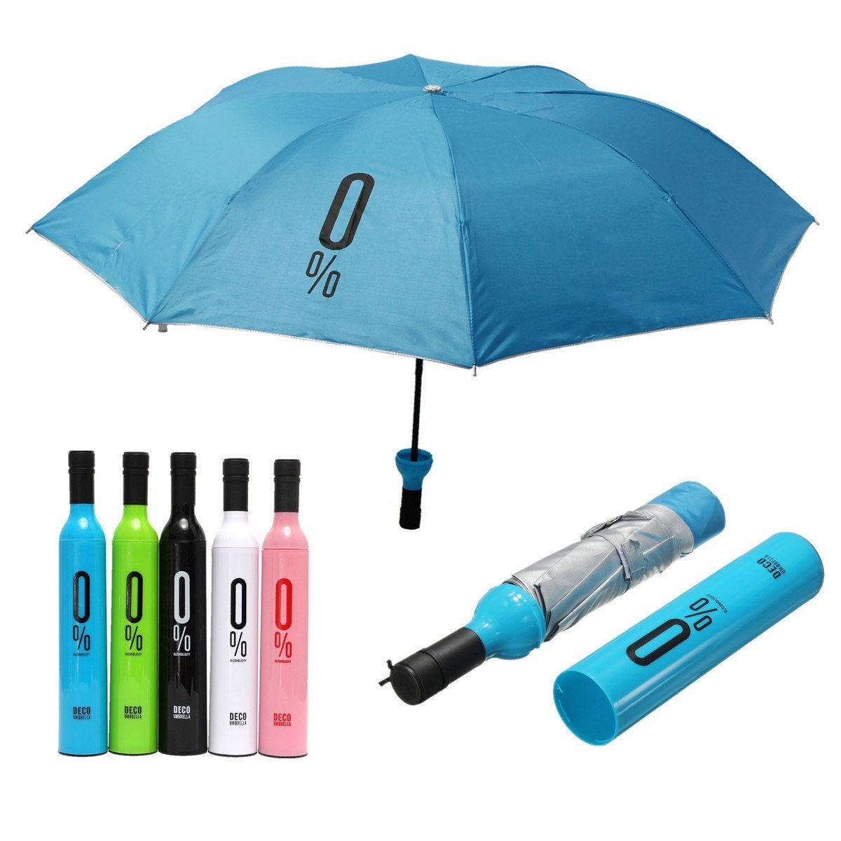 Wholesale Ready to ship Advertising Blue Wine Bottle 3 Folding Umbrella with Silver Coating, Gift Umbrella for Promotion