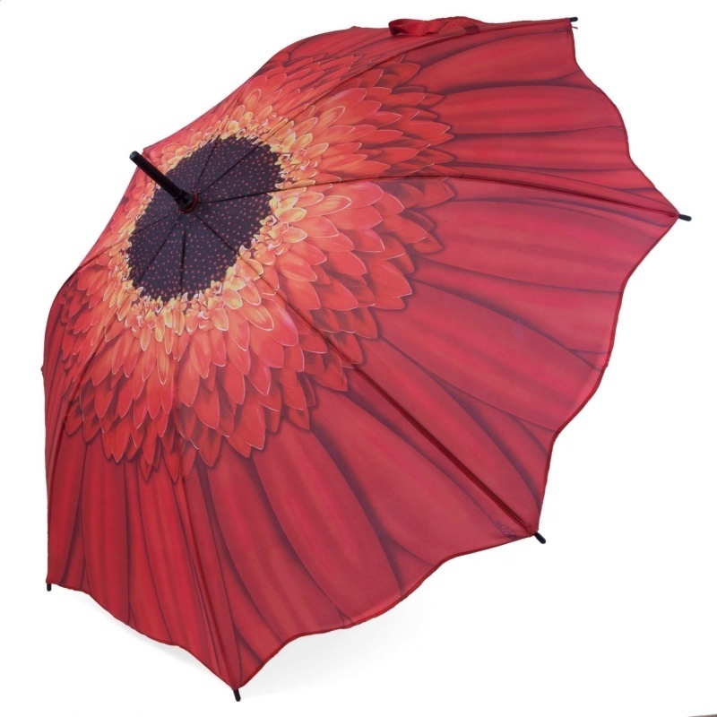 Classic Design Wood Straight Red Sunflower Full Printing Umbrella with Wooden Handle for Sunny and Rainy Day