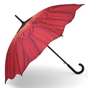 Classic Design Wood Straight Red Sunflower Full Printing Umbrella with Wooden Handle for Sunny and Rainy Day