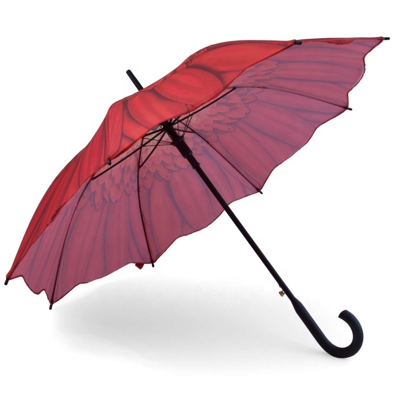 Classic Design Wood Straight Red Sunflower Full Printing Umbrella with Wooden Handle for Sunny and Rainy Day