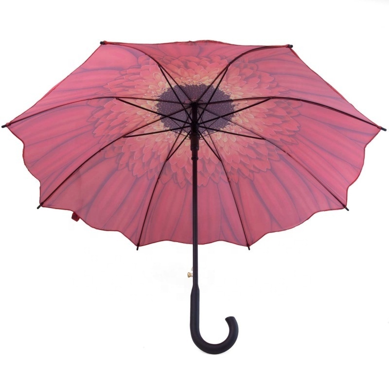 Classic Design Wood Straight Red Sunflower Full Printing Umbrella with Wooden Handle for Sunny and Rainy Day