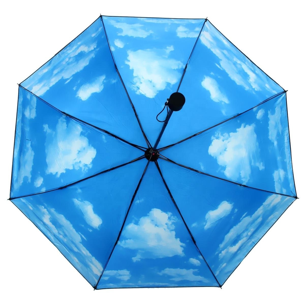 Telescopic Blue Sky and White Clouds Print Black Coating UV Protection Sun Parasol 3 Fold Rain umbrella