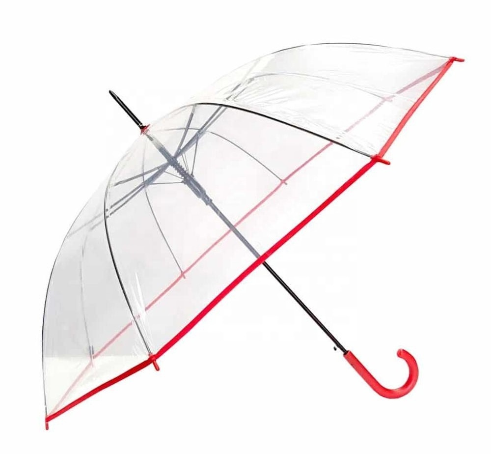 23''*8 panels waterproof Auto Long straight POE/PVC transparent clear umbrella with Red Trim