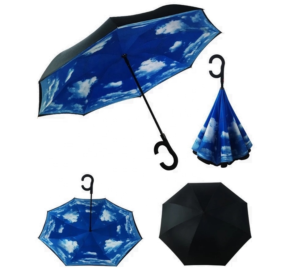 High Quality Promotion Upside Down Custom Print Logo Invert Rib Automatic Opening and Close Windproof Reverse Umbrella