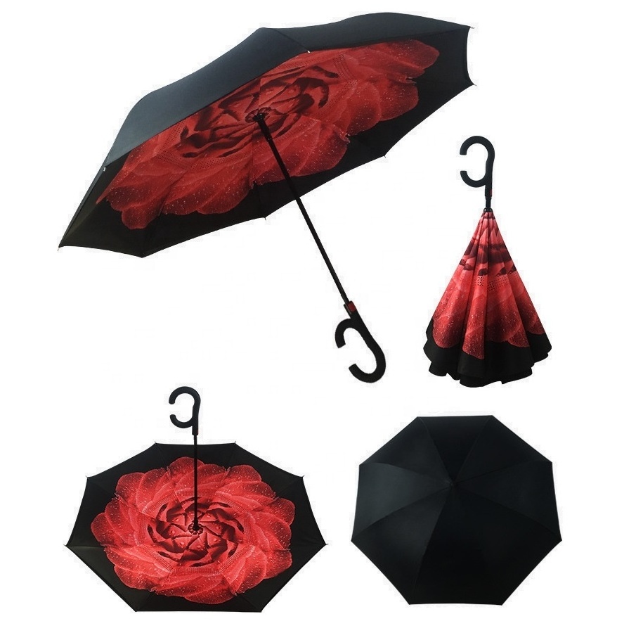 High Quality Promotion Upside Down Custom Print Logo Invert Rib Automatic Opening and Close Windproof Reverse Umbrella