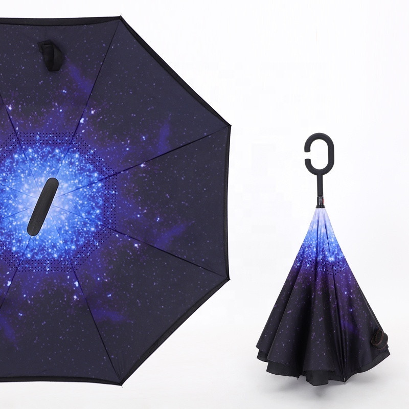 High Quality Custom Logo Promotion Push Button Cherry Blossom Windproof UV Reverse Upside-down C Hook Invert Umbrella