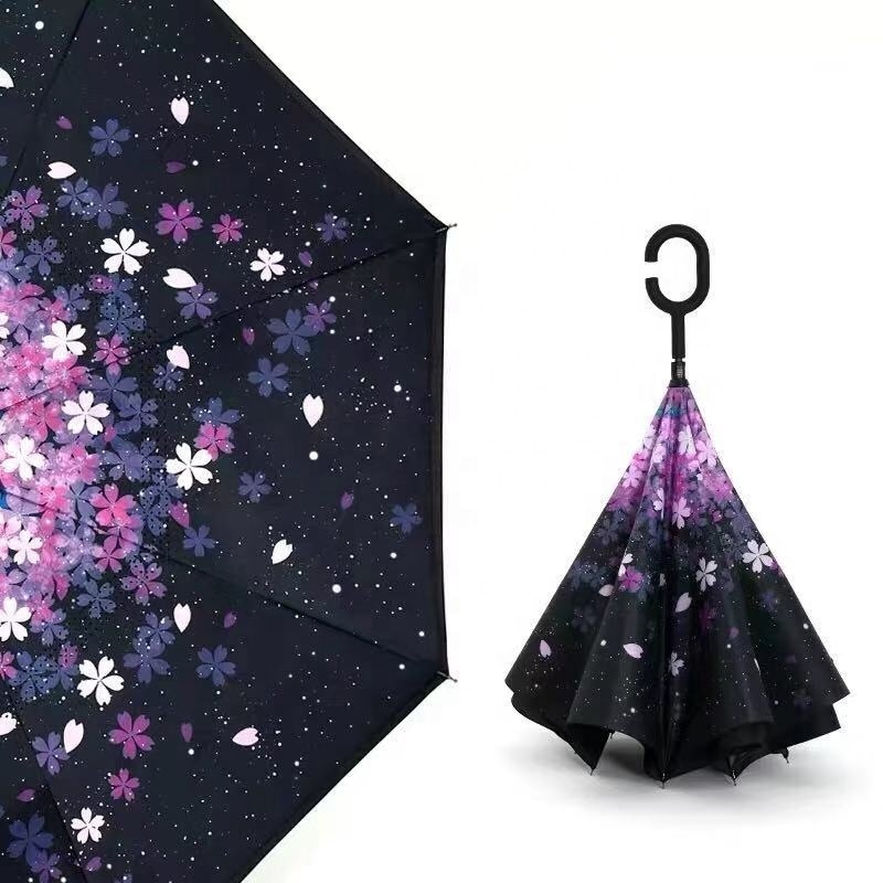 High Quality Custom Logo Promotion Push Button Cherry Blossom Windproof UV Reverse Upside-down C Hook Invert Umbrella