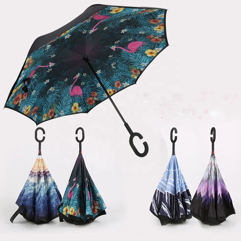 High Quality Custom Logo Promotion Push Button Cherry Blossom Windproof UV Reverse Upside-down C Hook Invert Umbrella