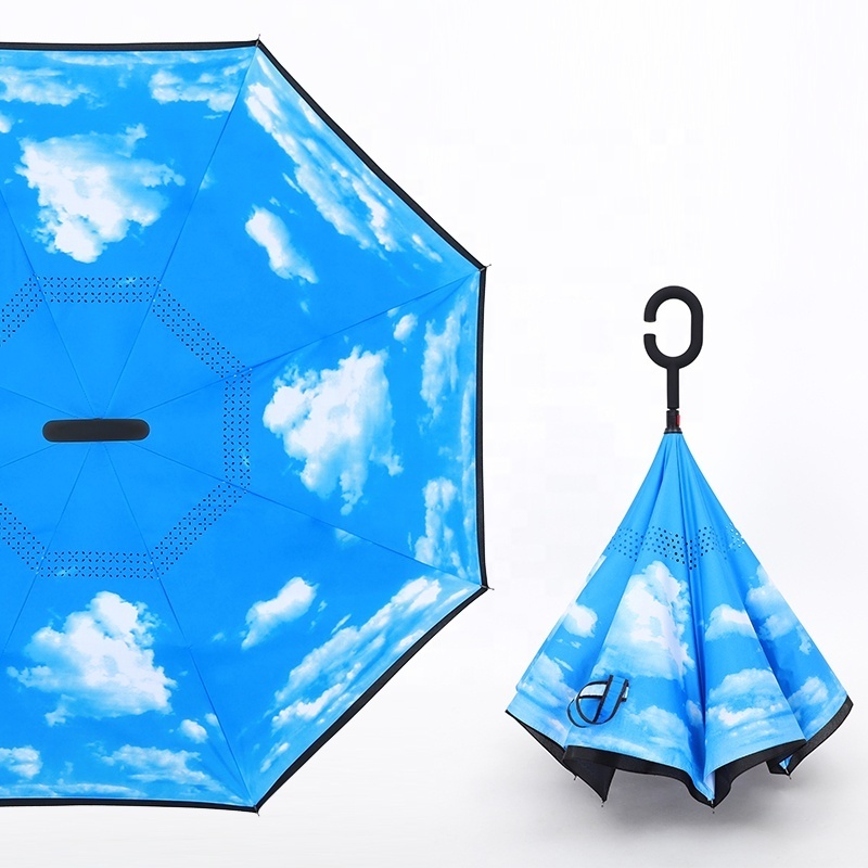 High Quality Custom Logo Promotion Push Button Cherry Blossom Windproof UV Reverse Upside-down C Hook Invert Umbrella