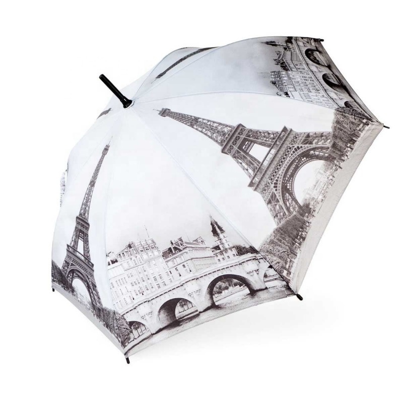 Fashionable Customized Paris Eiffel Tower Full Printing 23inch Auto Opening Stick Straight Umbrella for Sunny and Rainy Day