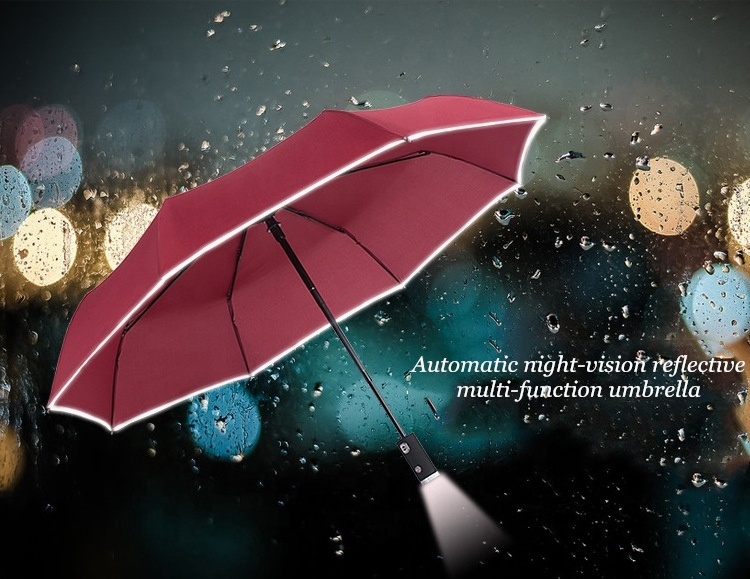 Creative Multi-function night Safety Auto open Folding Reflective Umbrella with rotatable Flashlight LED Light handle