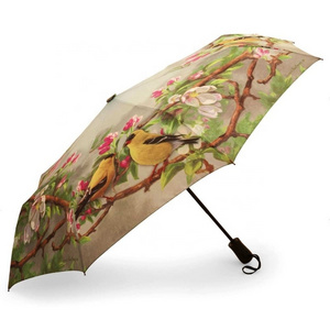 New style 3 folding umbrella custom bird and tree printed automatic umbrella