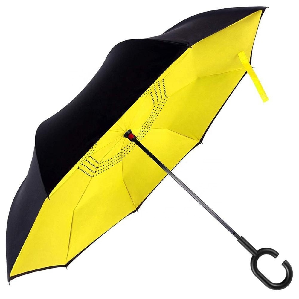 High Quality Convenient Promotion Custom Print Hands Free c Hook Shape Upside-down Handle Inverted Umbrella