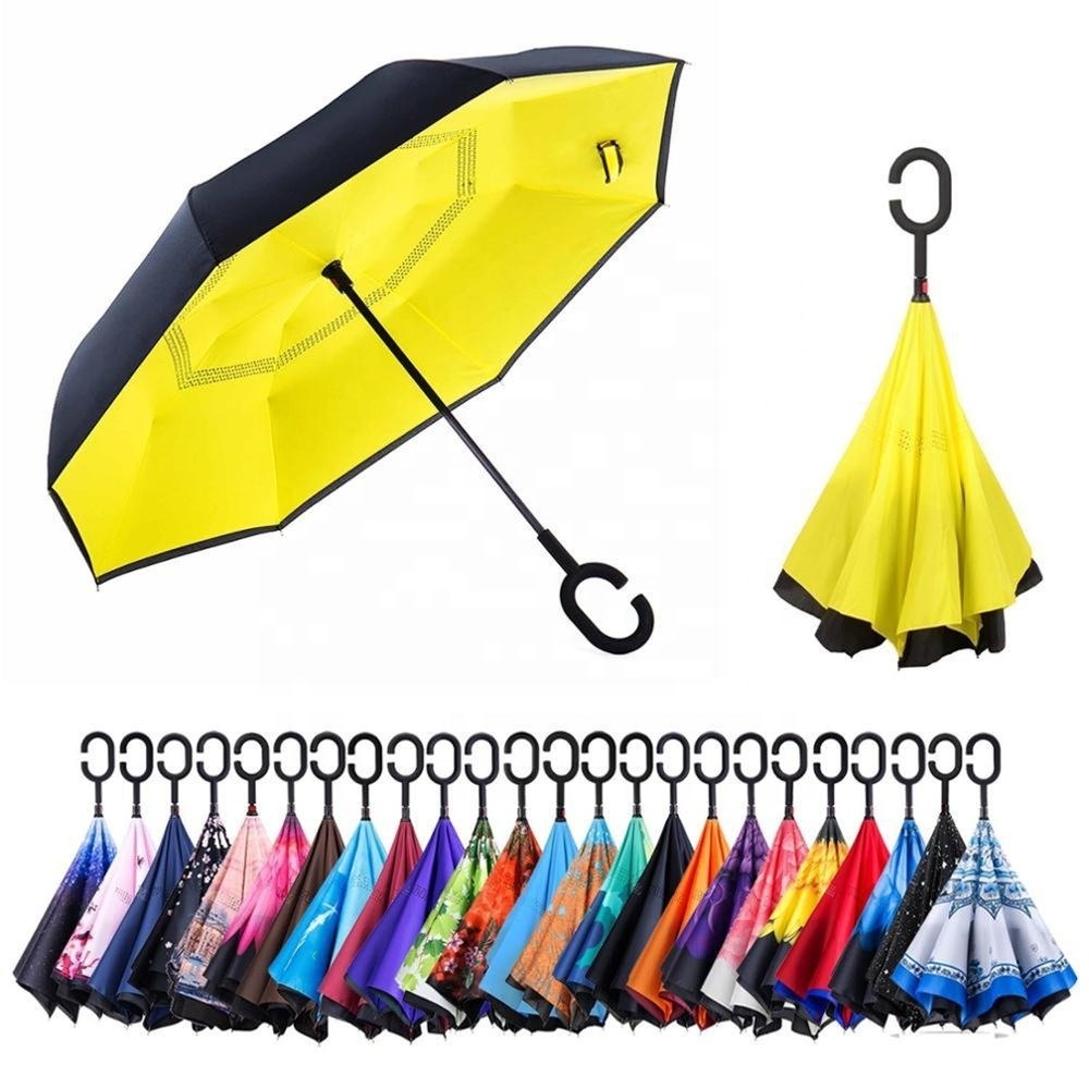 High Quality Convenient Promotion Custom Print Hands Free c Hook Shape Upside-down Handle Inverted Umbrella