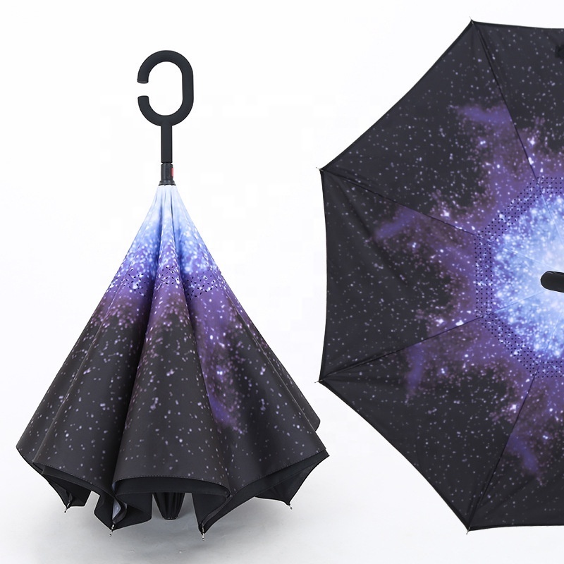 Hands Free C Handle Double Layer Upside Down Reversible Inversion Reverse Inverted Umbrella, Reversible Umbrella with C Handle