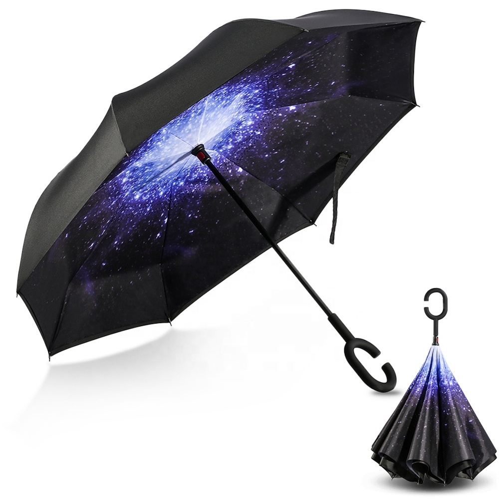 Hands Free C Handle Double Layer Upside Down Reversible Inversion Reverse Inverted Umbrella, Reversible Umbrella with C Handle