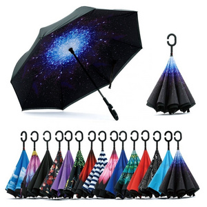 Hands Free C Handle Double Layer Upside Down Reversible Inversion Reverse Inverted Umbrella, Reversible Umbrella with C Handle