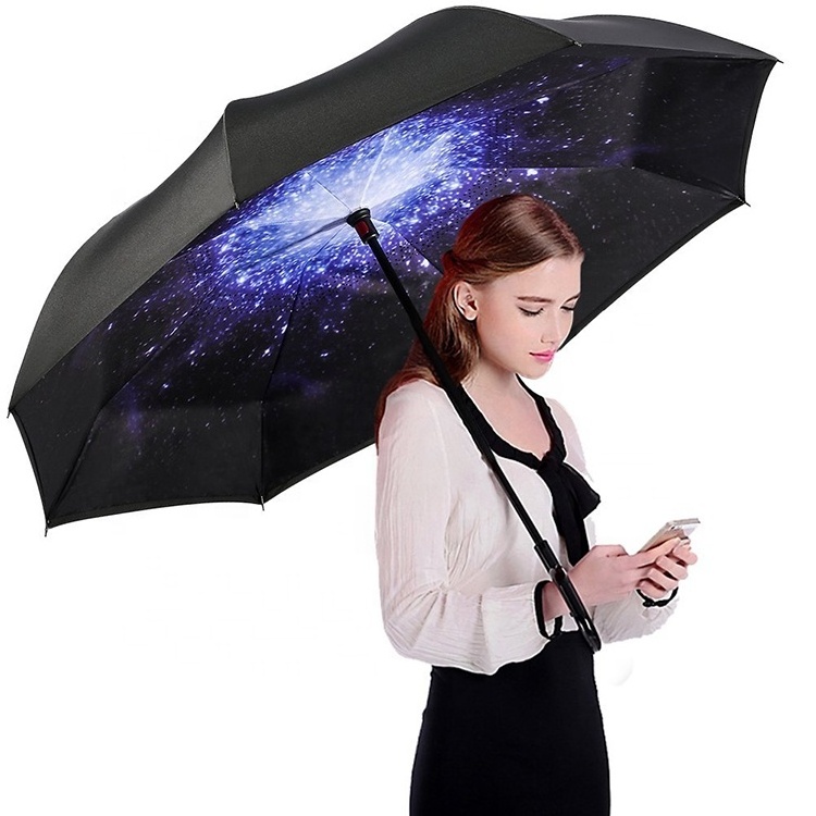 Hands Free C Handle Double Layer Upside Down Reversible Inversion Reverse Inverted Umbrella, Reversible Umbrella with C Handle