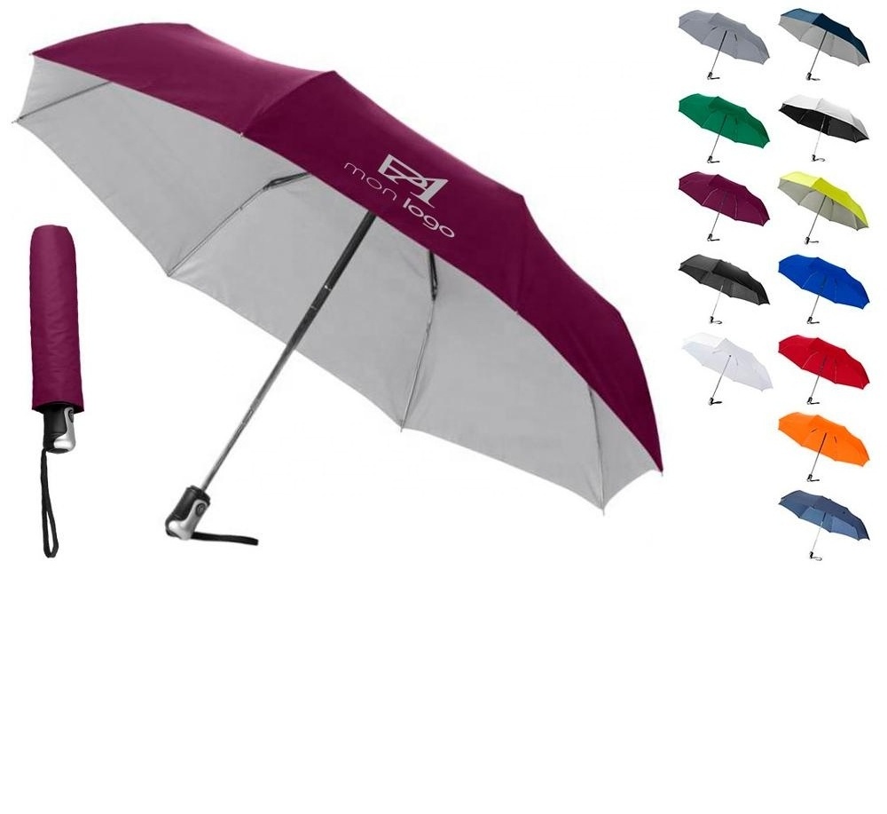 Customized rubberized handle pongee fabric with inside silver coating advertising 3 section auto open and close umbrella