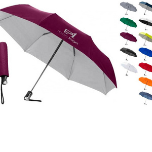 Customized rubberized handle pongee fabric with inside silver coating advertising 3 section auto open and close umbrella