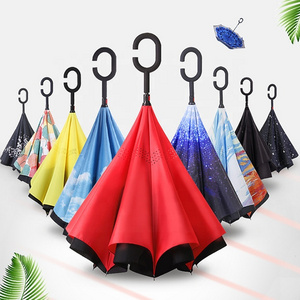 23" inch Fiber Frame Pongee Fabric reverse double layer inverted umbrella,upside down reversible umbrella custom