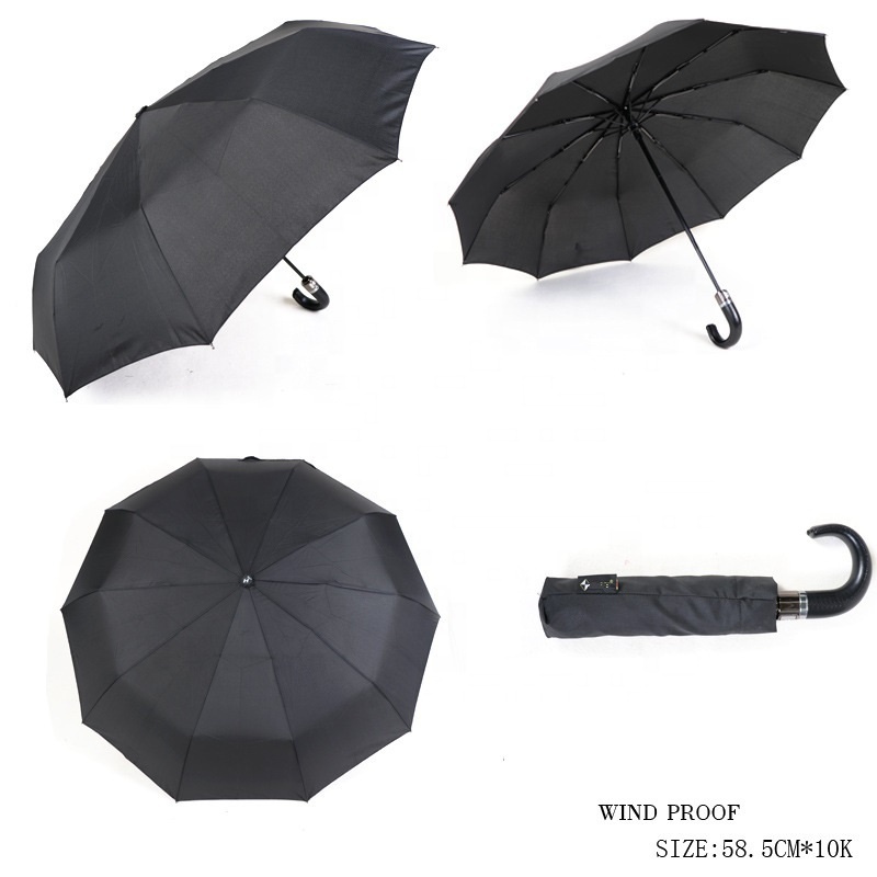 Wholesaler High Quality Luxury Men's Business Gifts Umbrella Automatic Three Folding Umbrella With Hook Leather Handle