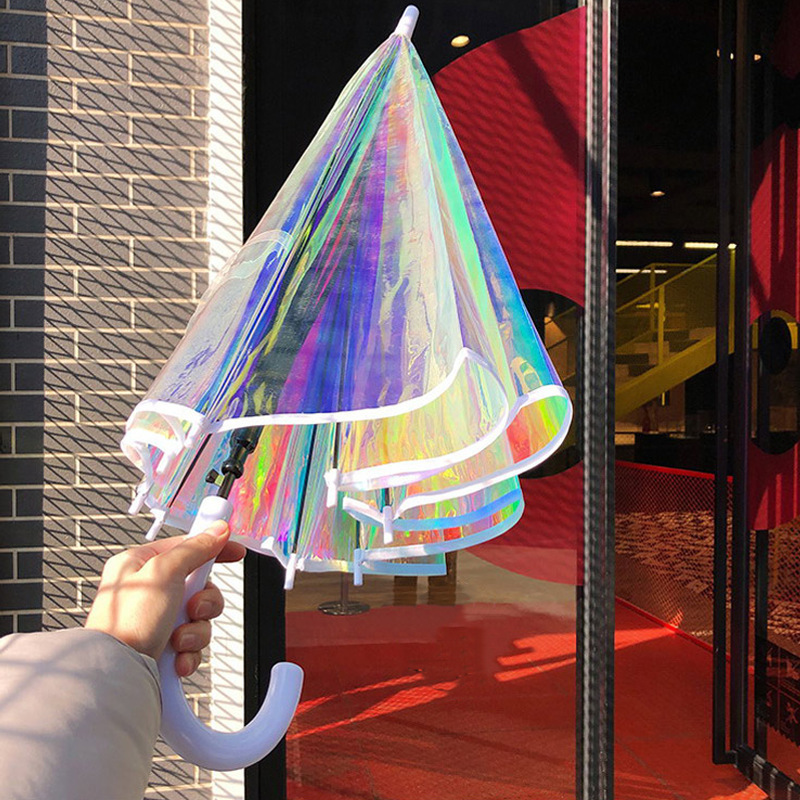 Promotional manufacturers laser dazzle rainbow straight cheap POE umbrellas with logo, paraguas