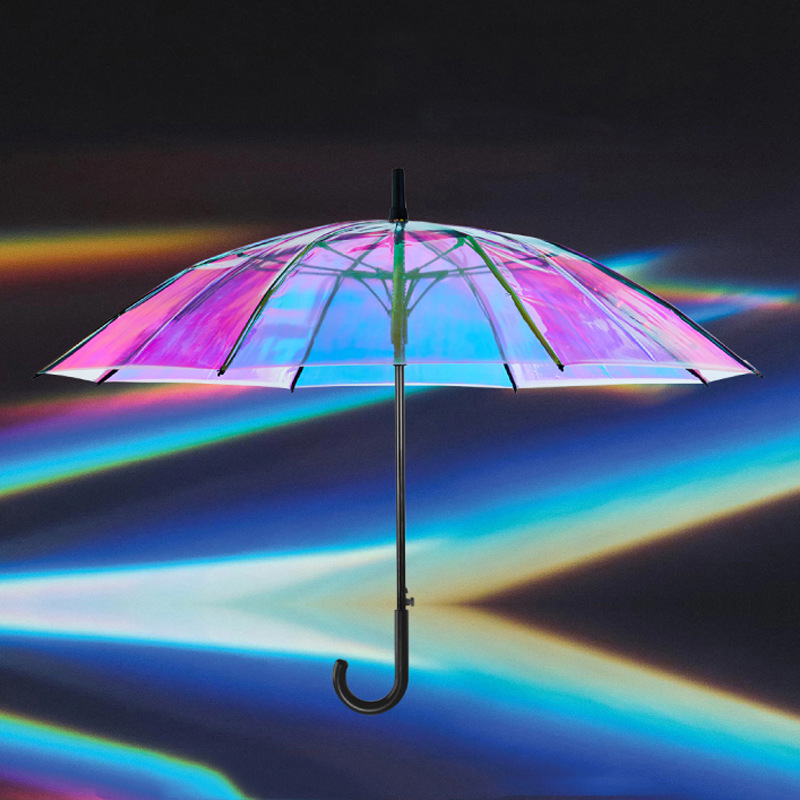 Promotional manufacturers laser dazzle rainbow straight cheap POE umbrellas with logo, paraguas