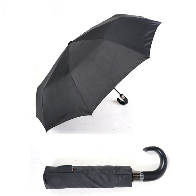 Wholesaler High Quality Luxury Men's Business Gifts Umbrella Automatic Three Folding Umbrella With Hook Leather Handle