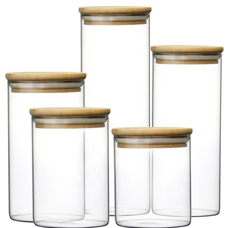 Borosilicate glass storage jar with bamboo lid for tube shaped glass storage jar for glass spice jar with wooden lid