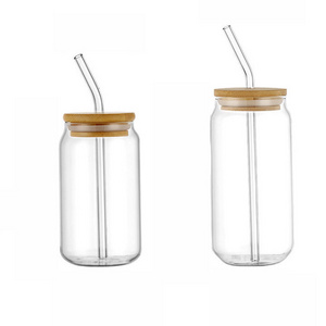 Wholesale 12oz 16oz Lead Free Eco-Friendly Glass Beer Can Cup With Bamboo Lid And Straw