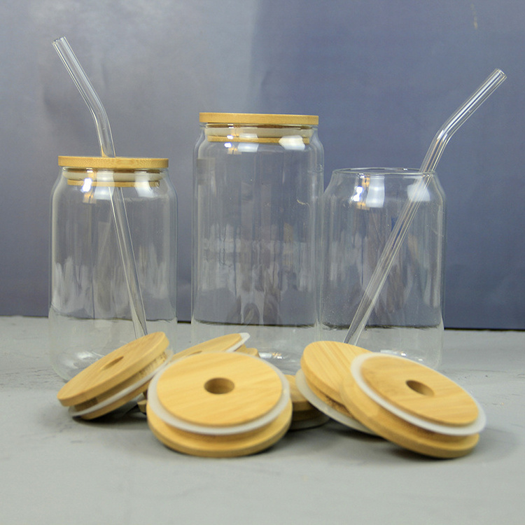 Wholesale 12oz 16oz Lead Free Eco-Friendly Glass Beer Can Cup With Bamboo Lid And Straw