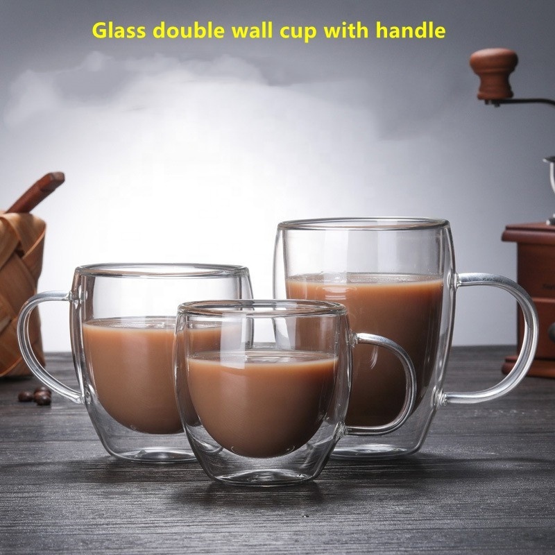 Hot Sale High Borosilicate Glass Double Wall Cup Milk Coffee Glass Mug With Handle