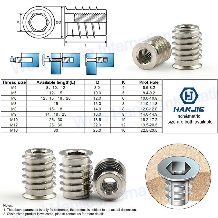 Stainless Steel SS304 Hexagon Socket Wood Insert Nut