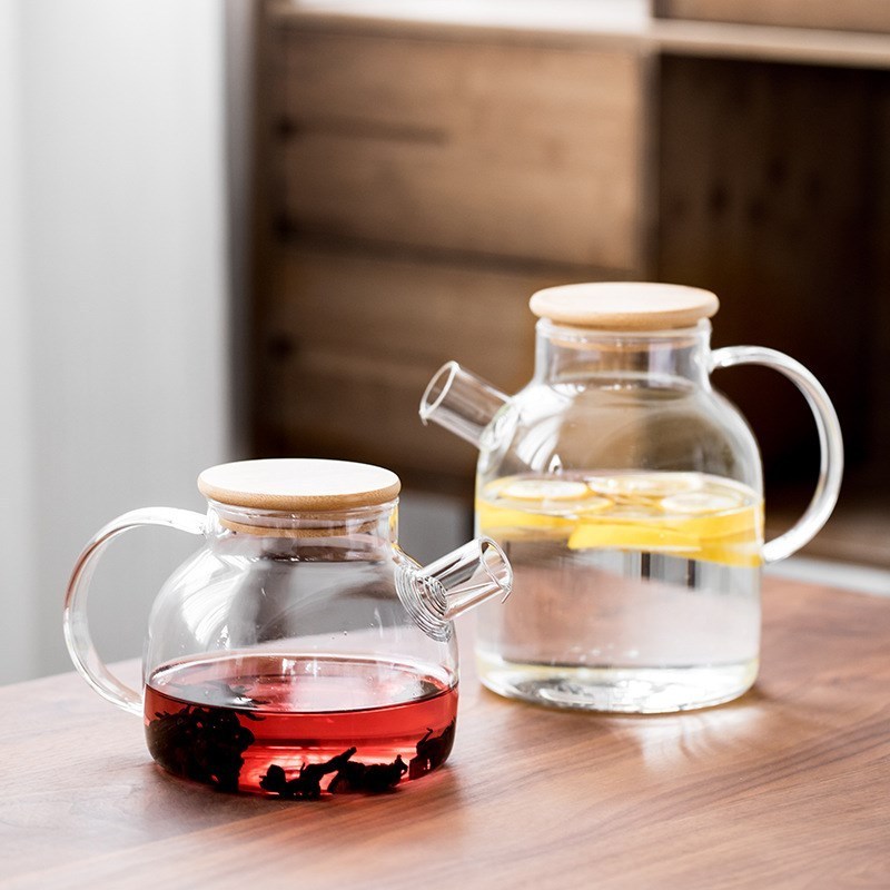 600ml  1000ml 1800ml   Simple Glass Kettle Glass Pitcher Tea Pot bamboo lid glass teapot for Loose Leaf Tea & Bloo