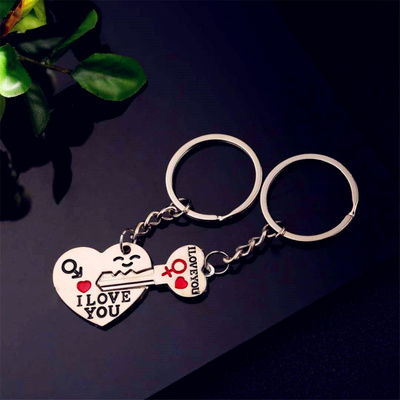 Fashion Heart Key Ring Silver Color Lovers Love Key Chain Valentine's Day gift 1 Pair Couple I Love You Letter Keychain