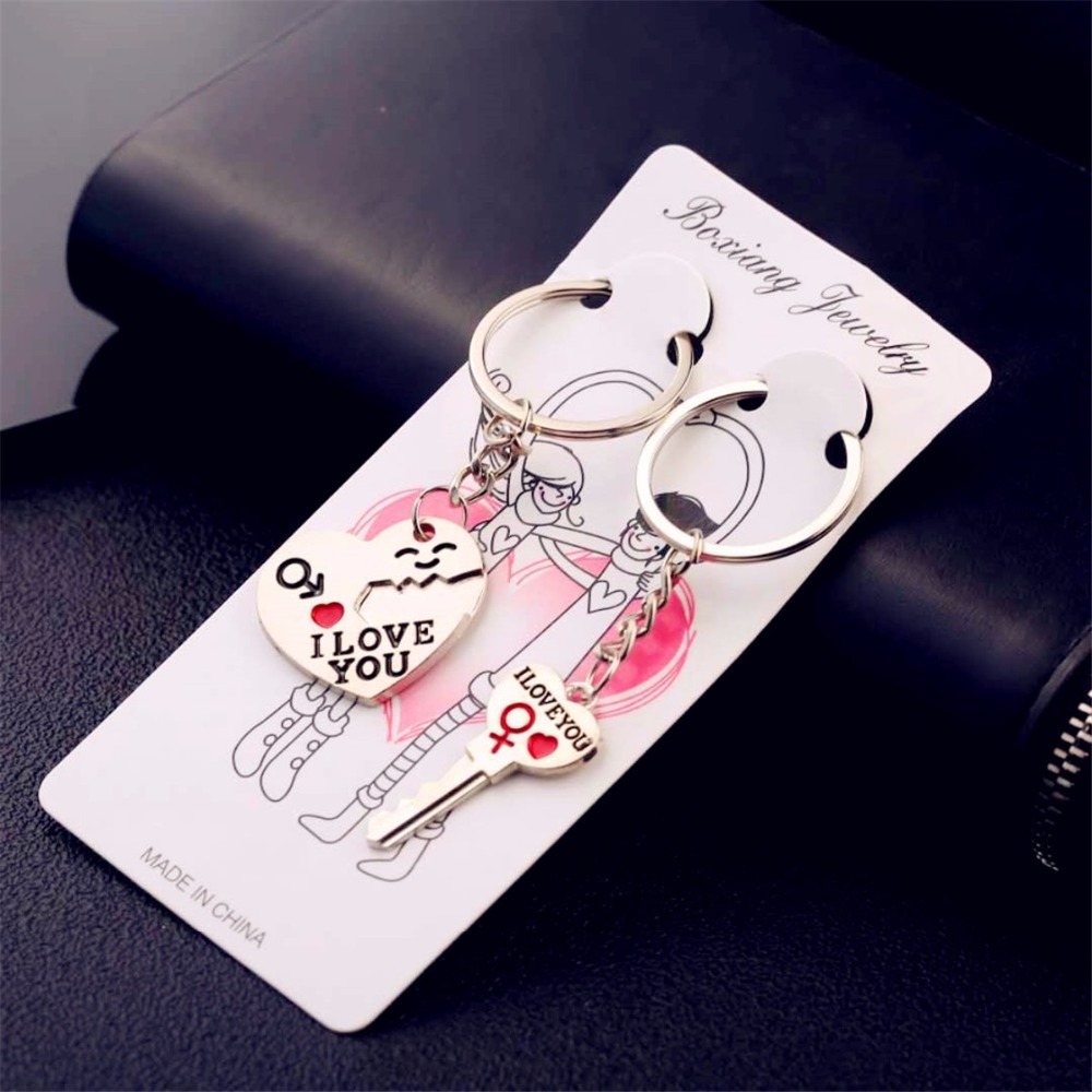 Fashion Heart Key Ring Silver Color Lovers Love Key Chain Valentine's Day gift 1 Pair Couple I Love You Letter Keychain