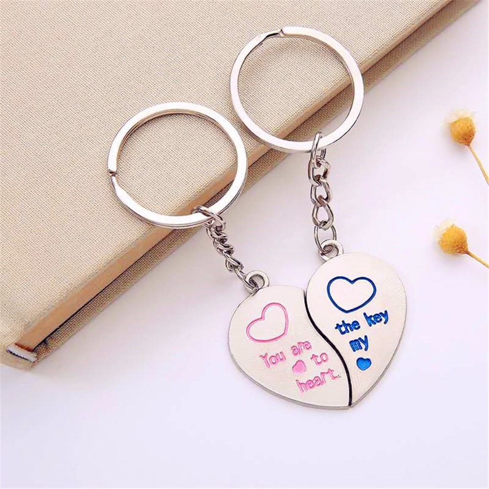 Fashion Heart Key Ring Silver Color Lovers Love Key Chain Valentine's Day gift 1 Pair Couple I Love You Letter Keychain