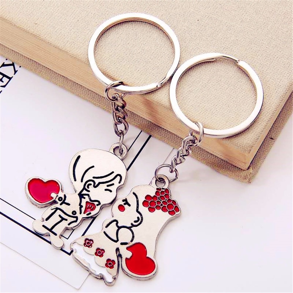 Fashion Heart Key Ring Silver Color Lovers Love Key Chain Valentine's Day gift 1 Pair Couple I Love You Letter Keychain