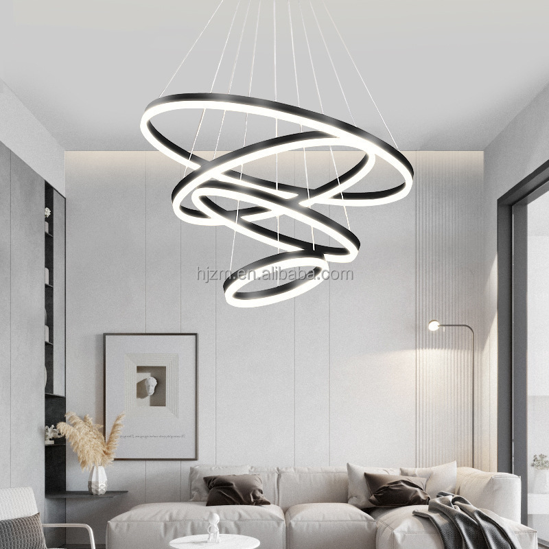 Contemporary Decorative Led Round Circle Modern Black Gold High Ceiling Pendant Chandelier Luxury Light Fixtures