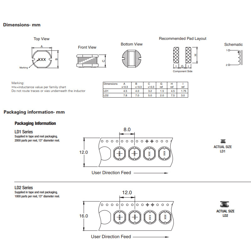 LD2 Series 10uH to 470uH Metalized Drum Core Power Inductors PCB Mount Fixed Inductors