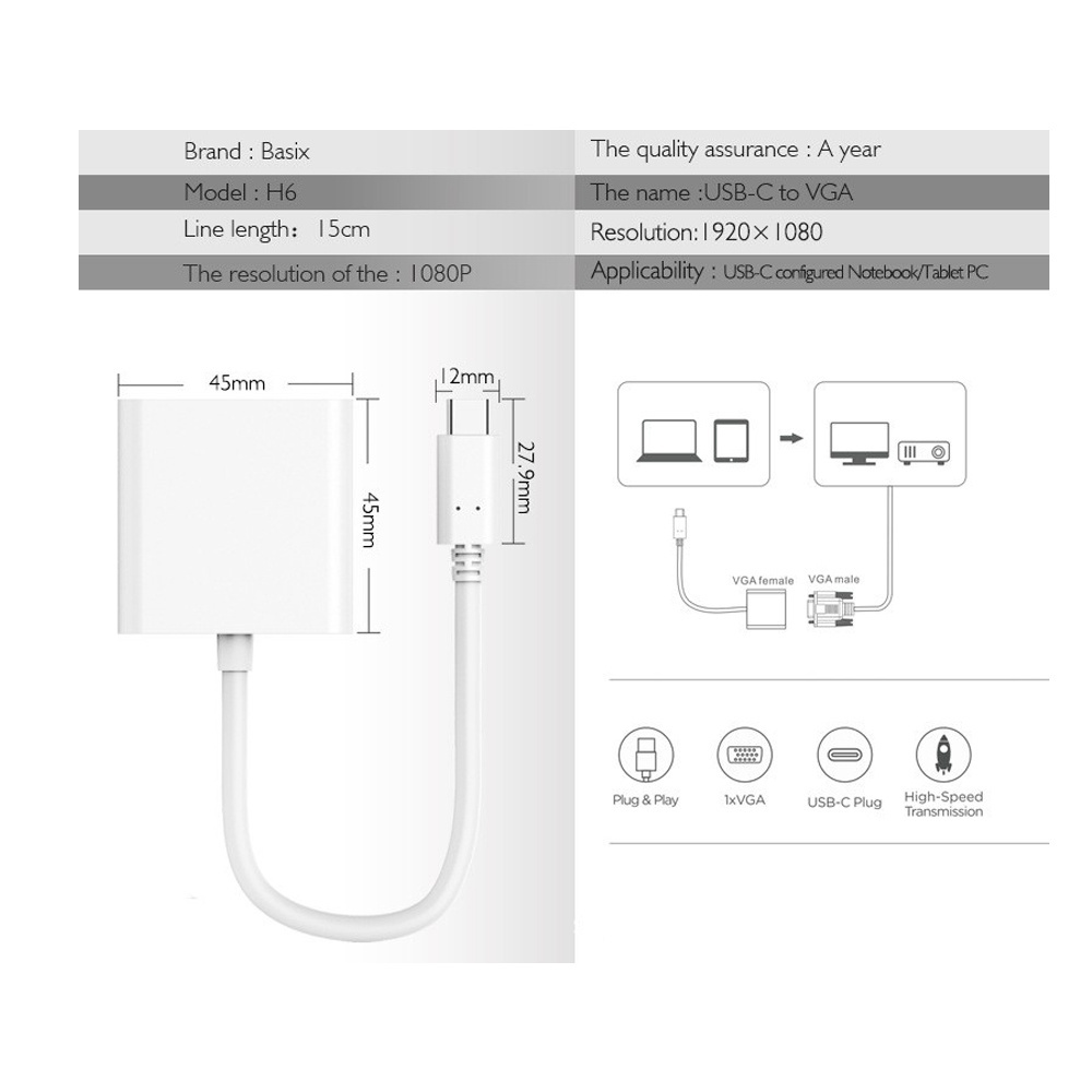 HK-HHT Type-C to VGA Adapter Cable 1080P USBC 3.1 to VGA Docking Station Converter Cable Computer monitor projector adapter