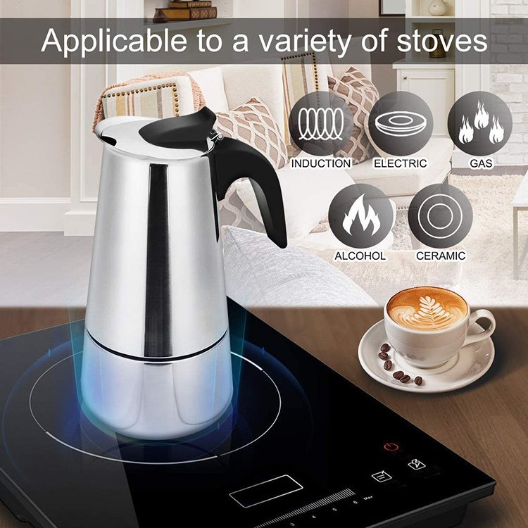 Stovetop Espresso Maker Moka Pot Classic Coffee Maker Stainless Steel Italian Coffee Maker, 300ml 6 Cup Metal Minimalist Sliver