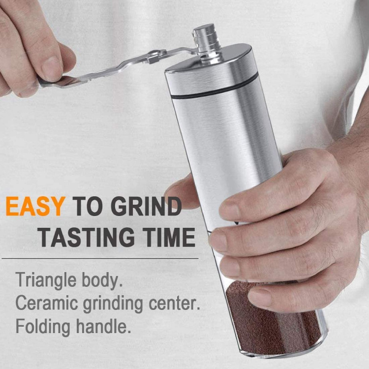 The hand-operated coffee grinder produces fine powder and the handle is easy to use