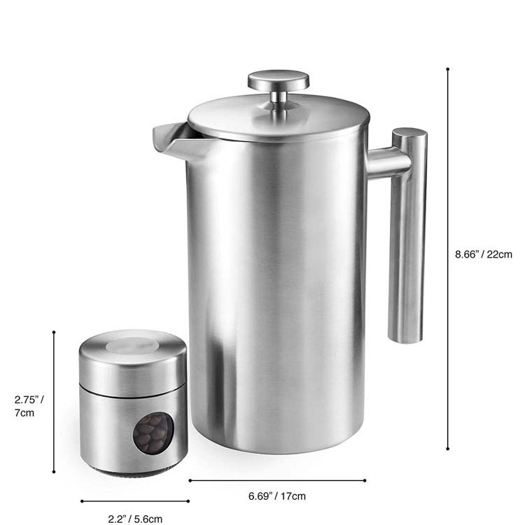 Insulated Coffee Press Portable Perfect Machine French Coffee Press and Tea Maker 304 Grade Stainless Steel Kitchen Metal Silver