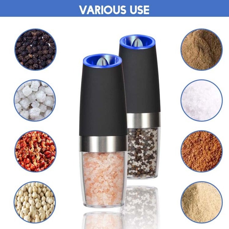 Wholesale Electric ABS portable gravity salt and pepper mill with LED light automatic pepper Grinder