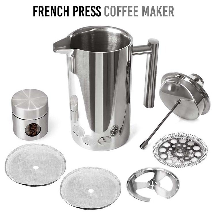 Insulated Coffee Press Portable Perfect Machine French Coffee Press and Tea Maker 304 Grade Stainless Steel Kitchen Metal Silver