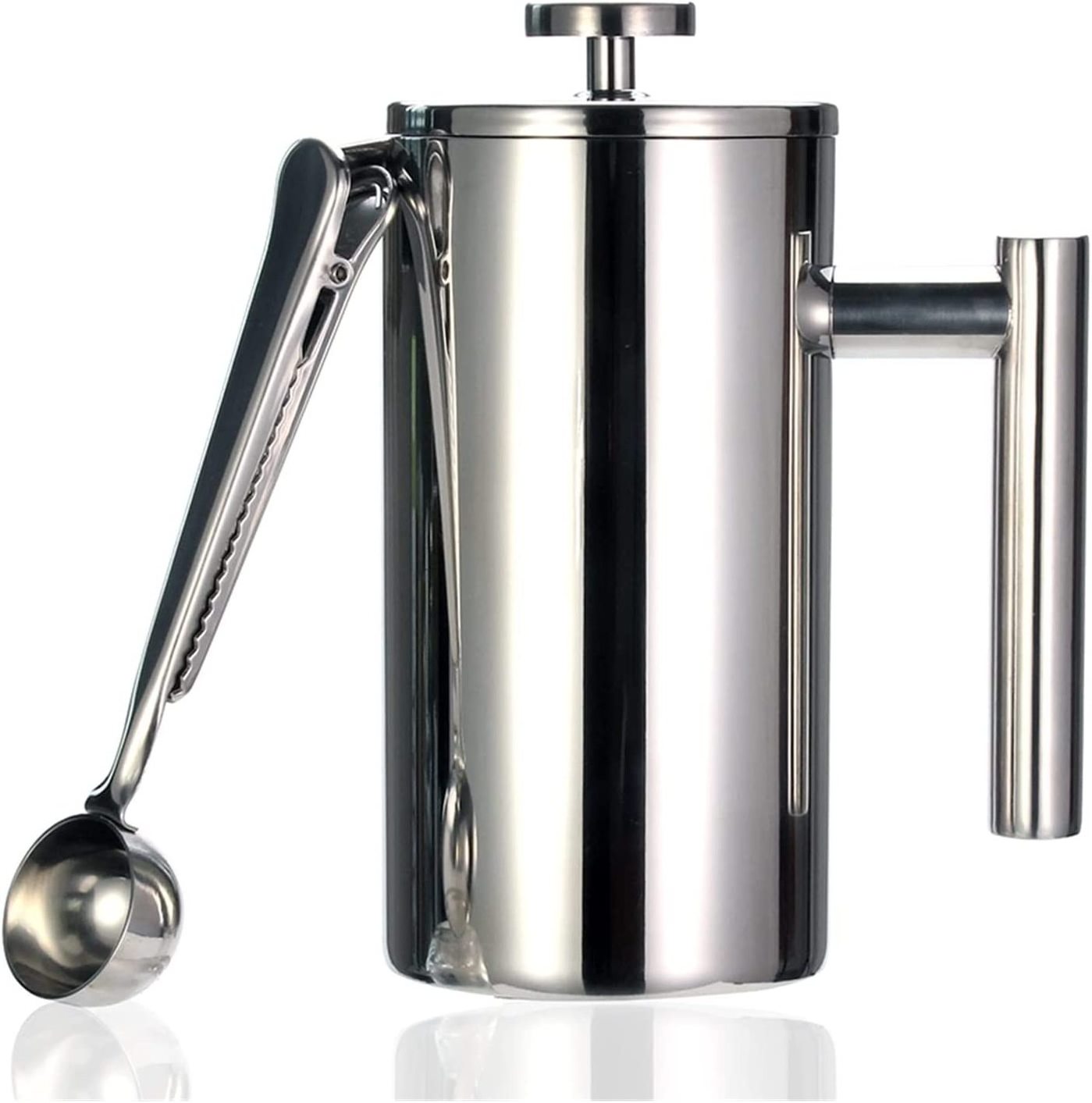 French Press Coffee Tea Maker Insulated Coffee Press with Lid 34oz, 304 Stainless Steel Kitchen Metal Silver PS Double Wall 17cm